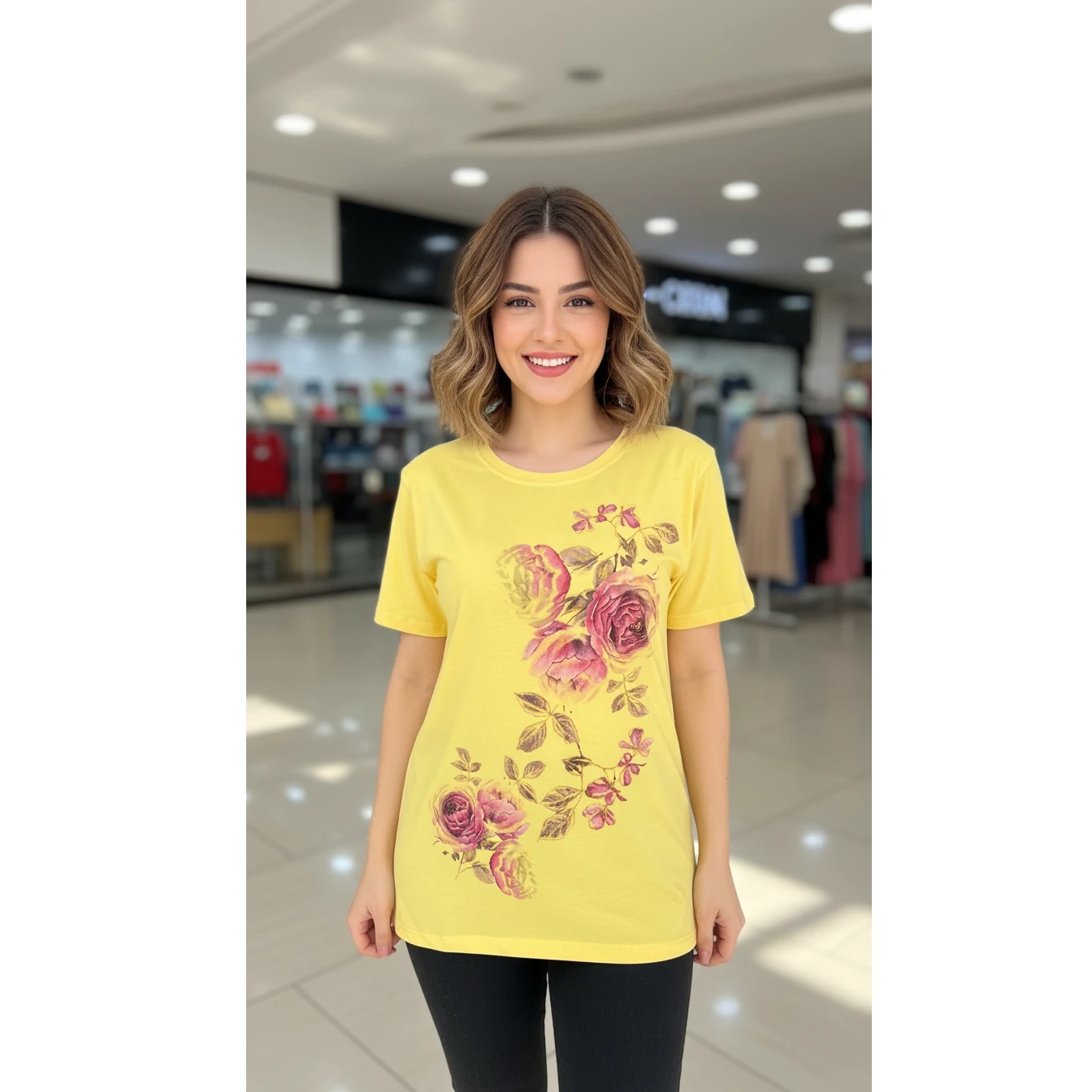 تیشرت زنانه طرح گل رز با تن‌خور لطیف و خنک کد S20 رنگ زرد
